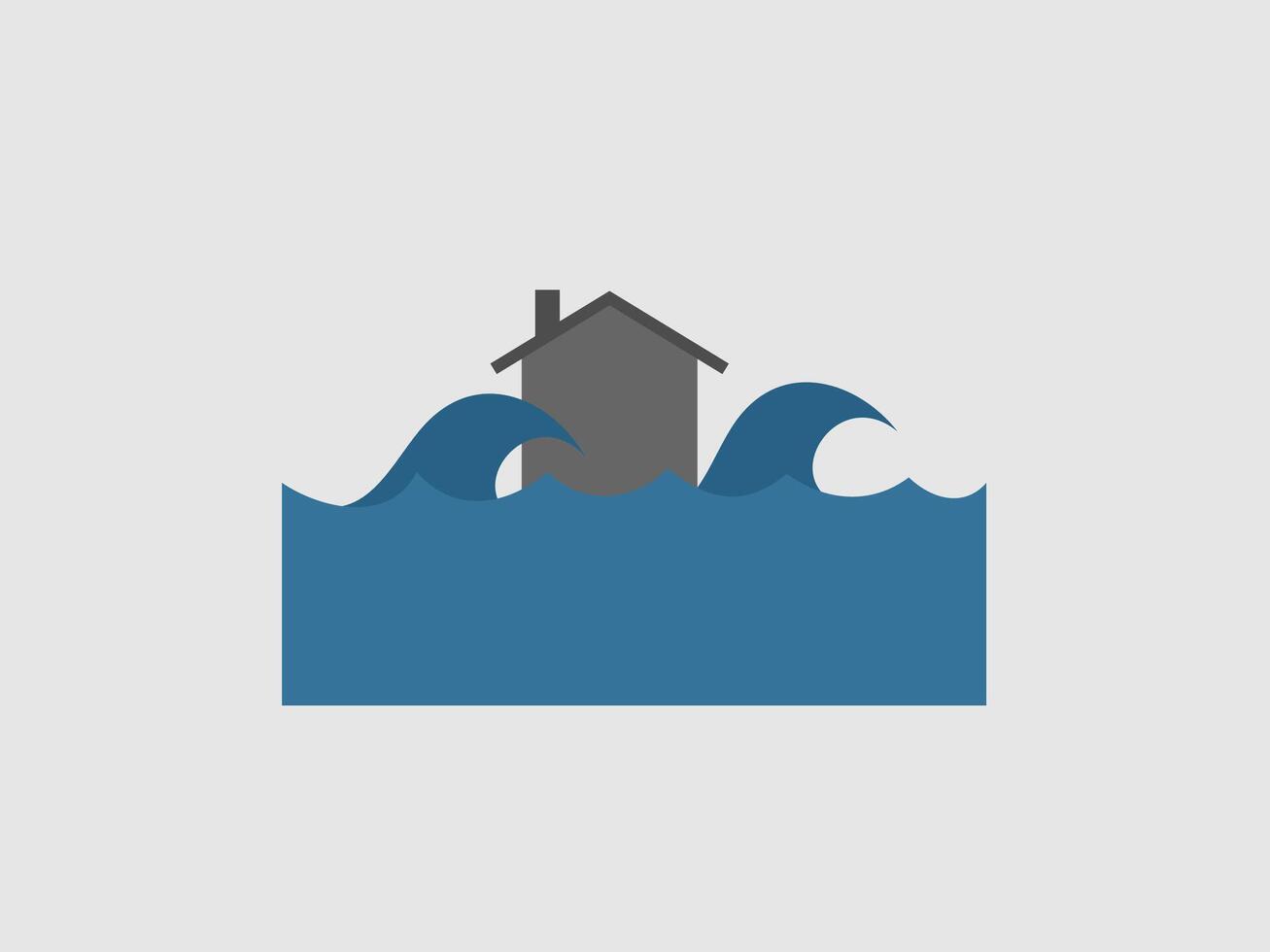 A minimalist illustration depicts a house being flooded by two large waves vector