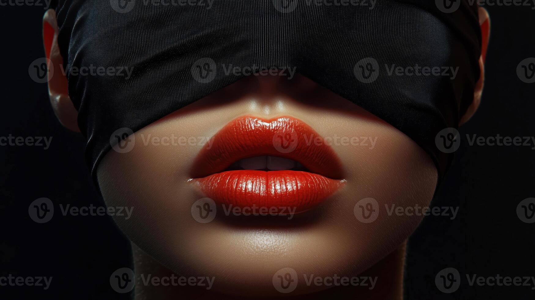 Seductive Red Lips with Black Blindfold, Fashion Beauty and Mystery Aesthetic Concepts photo
