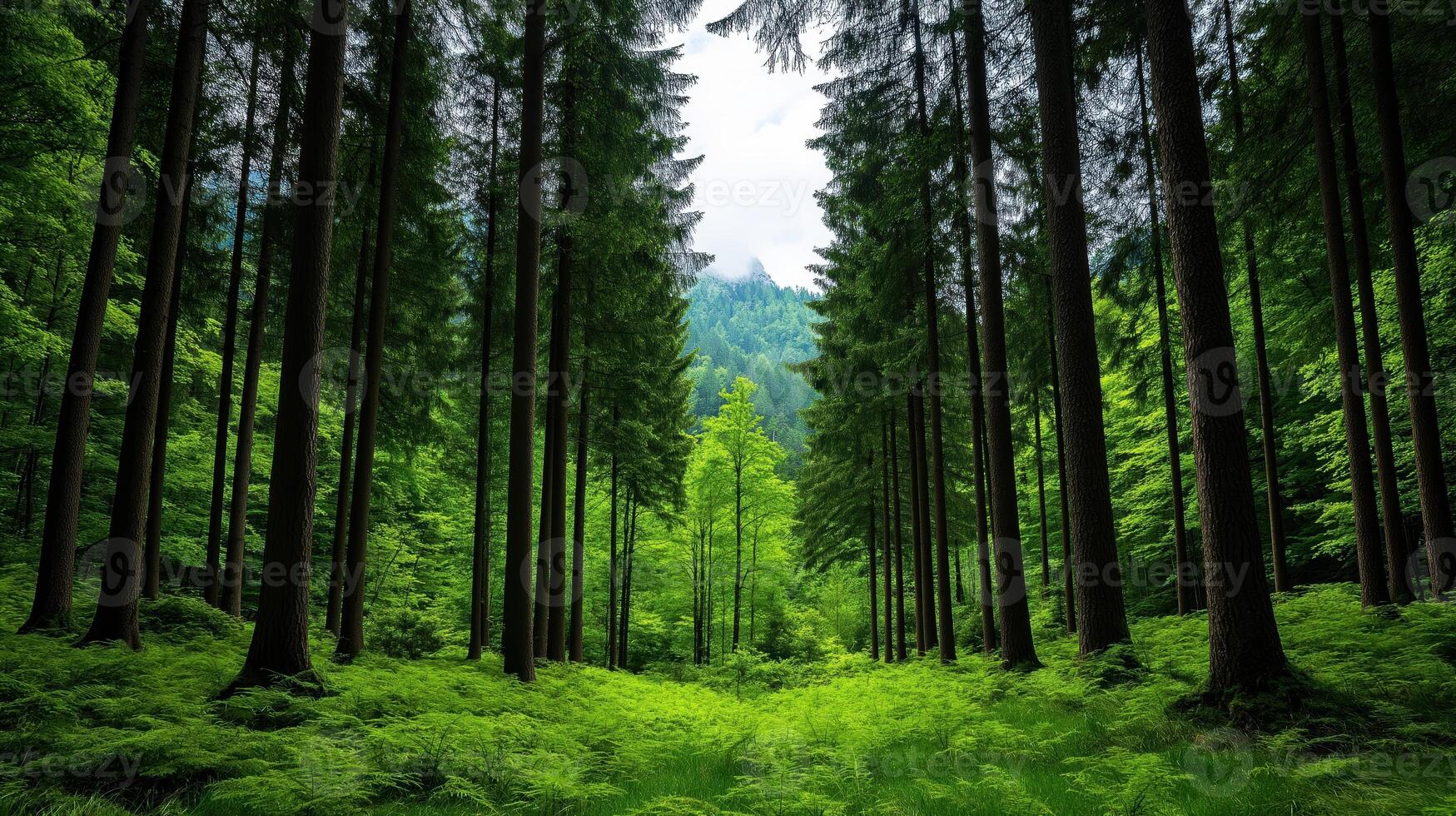 Dense Green Forest with Tall Trees, Symbolizing Nature, Tranquility, and Conservation photo