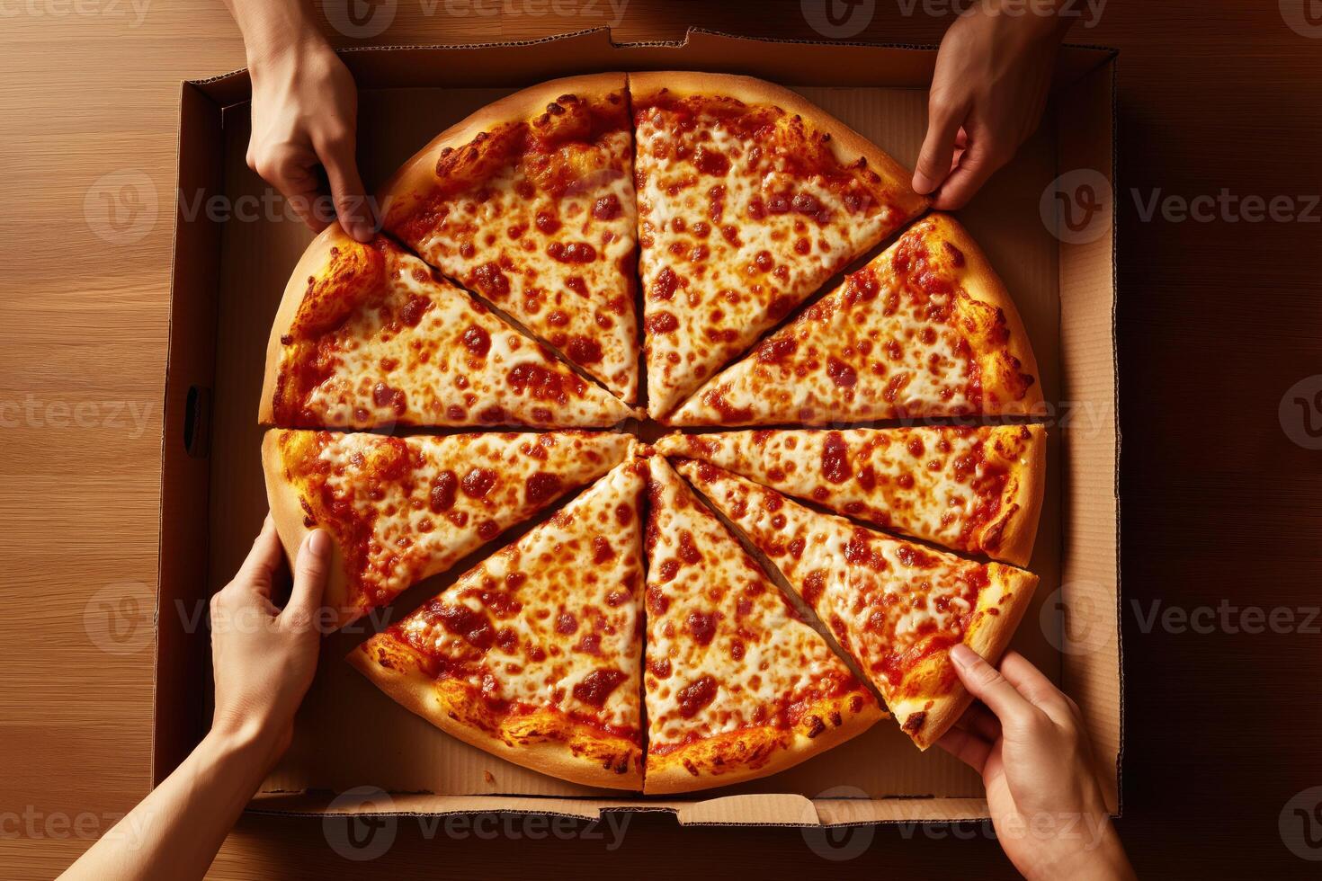 Hands Sharing Slices of Cheese Pizza, Perfect for Food, Sharing, and Social Gathering Concepts photo