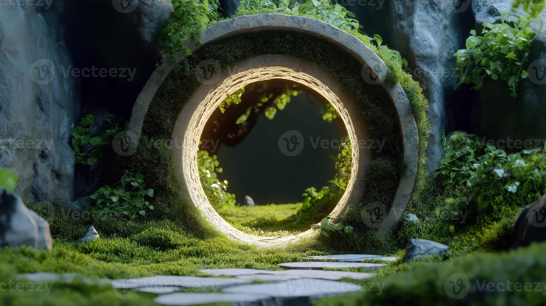 Enchanted Forest Path with Circular Stone Ring, Mystical and Greenery-Filled Setting Ideal for Fantasy and Nature Themes photo