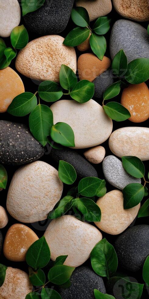 Natural Stones with Green Leaves, Ideal for Zen Gardens, Spa Decor, and Nature-Inspired Design Projects photo