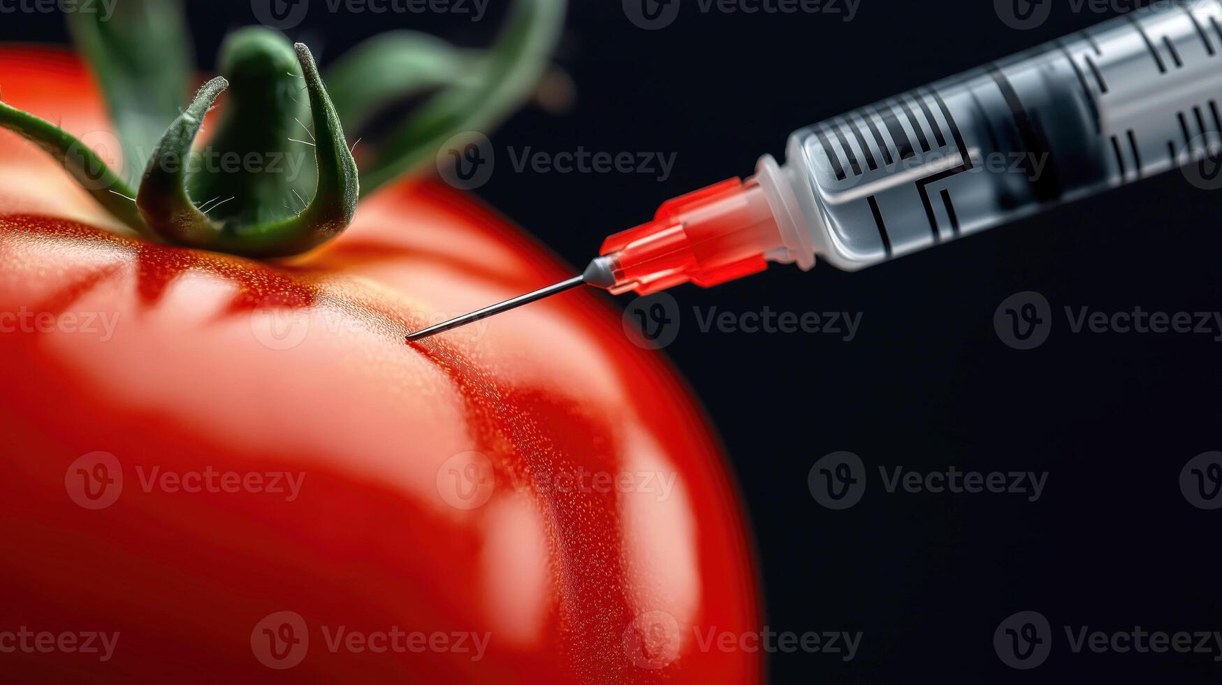 Close-Up of Syringe Injecting Tomato, Concept of GMO and Genetic Engineering in Agriculture photo