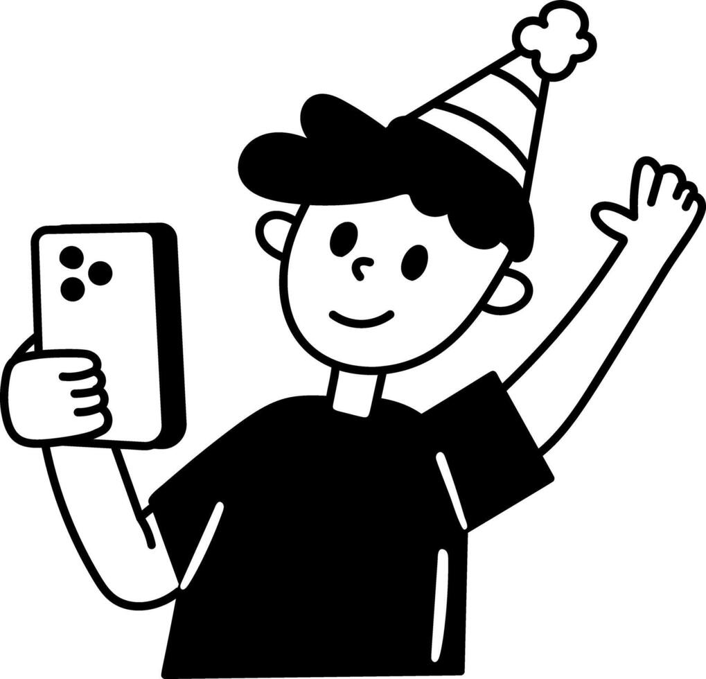 Cute doodle illustration of a birthday boy taking selfie vector