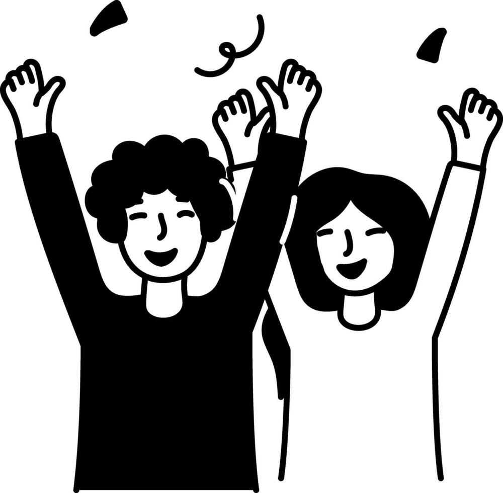Doodle illustration of happy characters raising arms in air at a birthday celebration vector