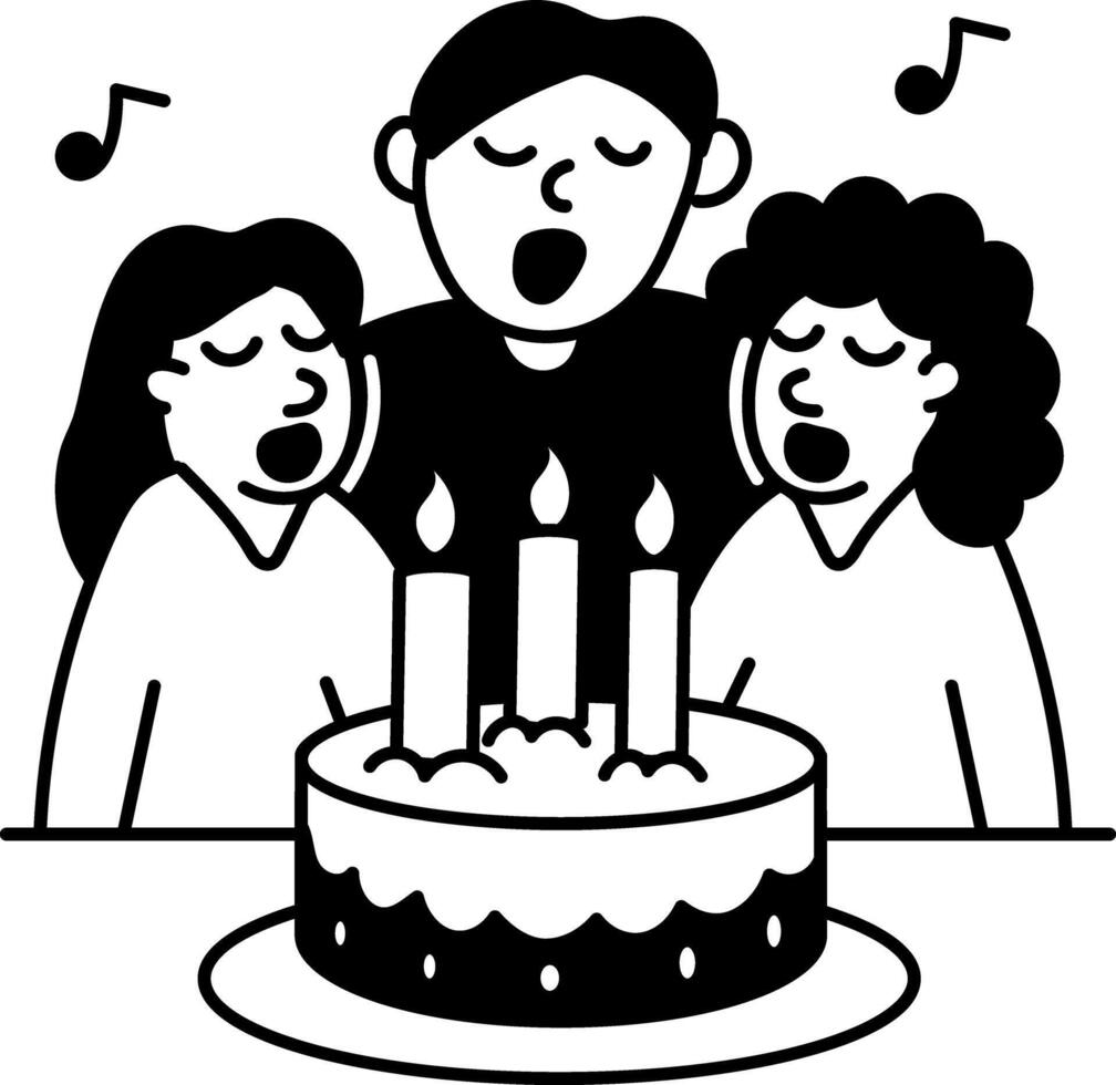 Friends singing birthday song with a cake, doodle illustration vector