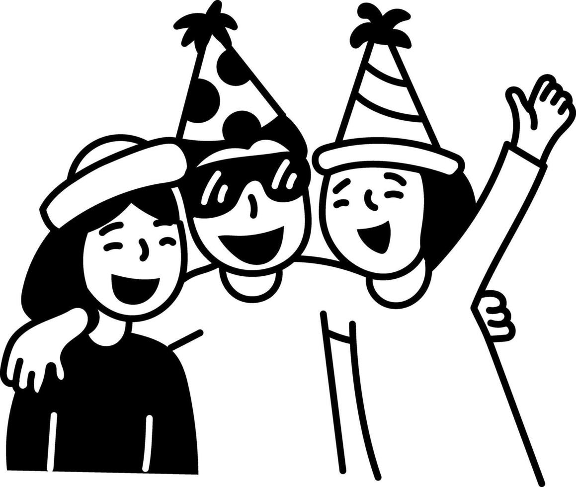 Friends enjoying a birthday bash, doodle style illustration vector