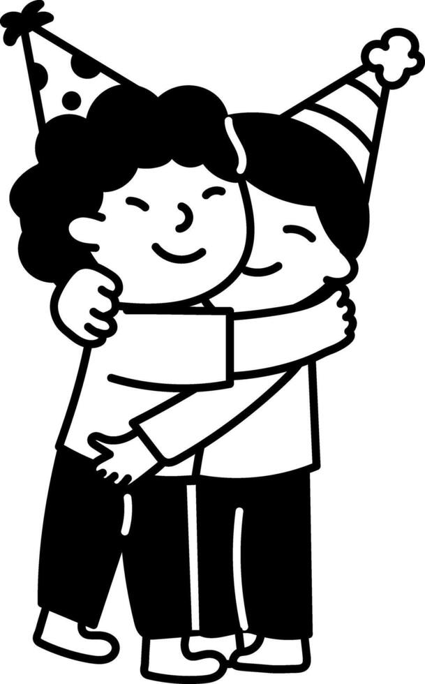 Cute friends sharing birthday hug, doodle style illustration vector