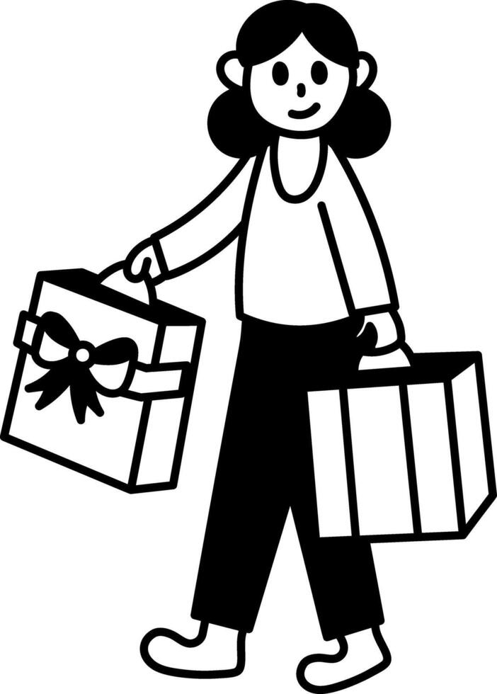 Girl buying birthday presents, doodle style illustration vector