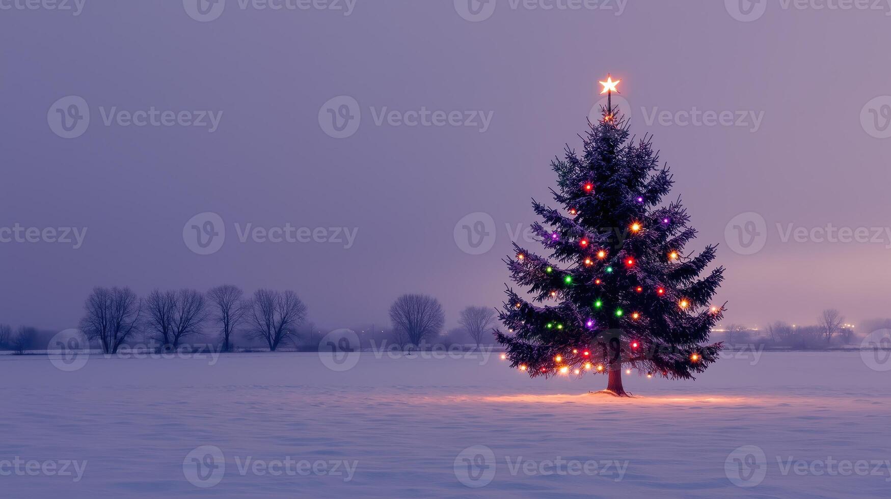 Lone Christmas Tree with Colorful Lights in a Snowy Field at Dusk photo