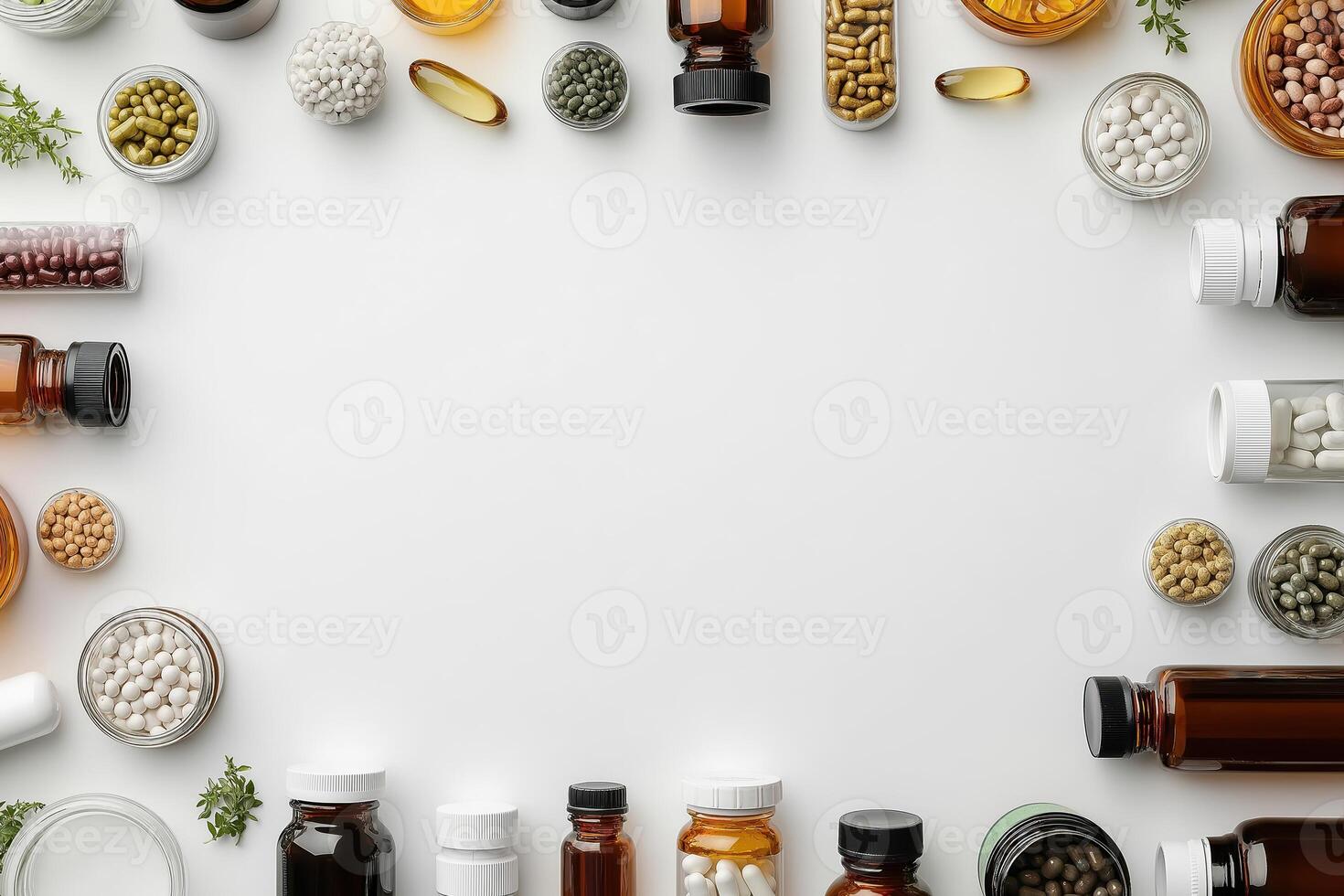 Top View of Vitamins and Supplements Arranged Around a White Background, Creating a Minimalist Frame photo