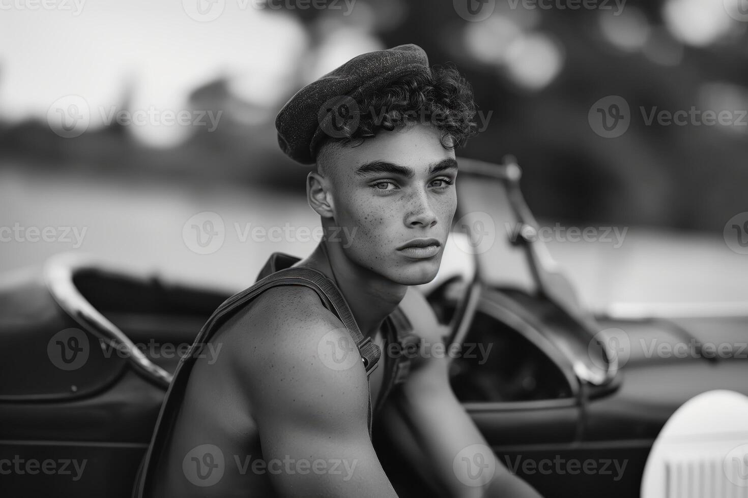 Vintage Portrait of a Young Man in a Classic Car with a Contemplative Look photo