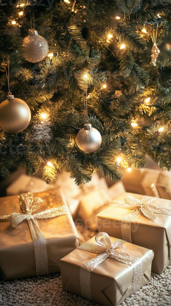 Golden Christmas Gift Boxes and Ornaments Under Tree With Warm Lights photo