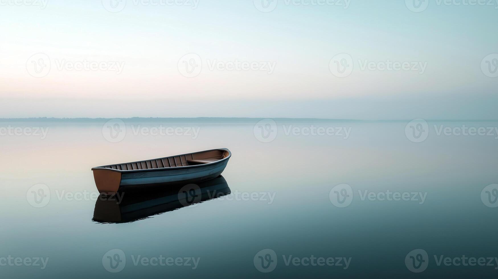 Wooden Boat Floating in Tranquil Waters at Dawn with Calm Reflections on the Horizon photo