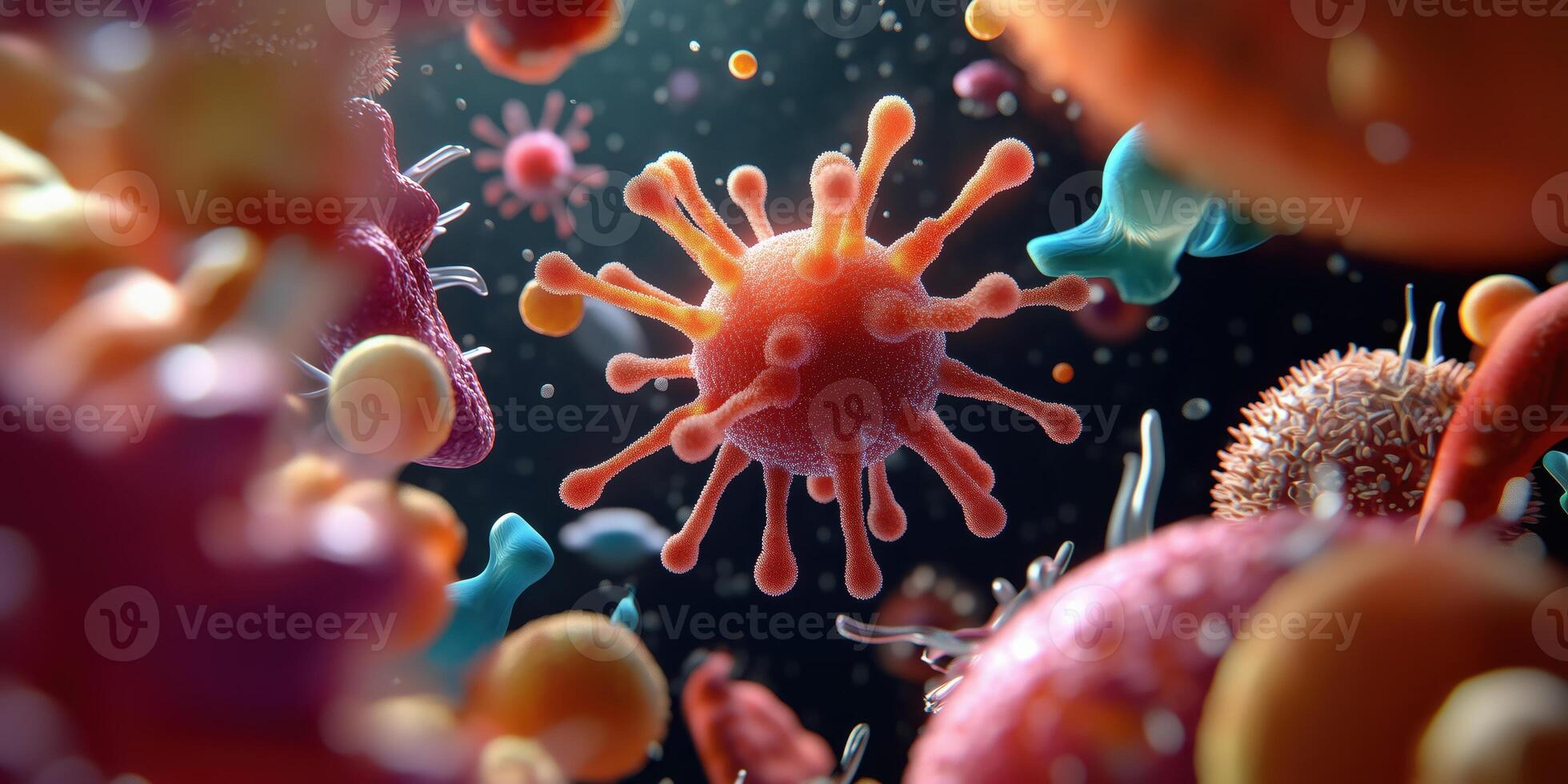 Closeup of Microscopic Virus and Bacteria Cells in a Colorful Environment for Scientific, Medical, and Microbiology Studies photo