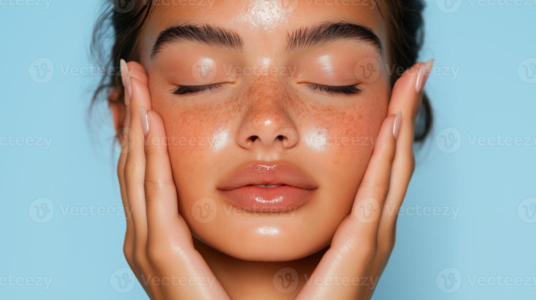 Close-Up of Woman with Glowing Skin and Freckles, Beauty and Skincare Concept, Soft Expression photo