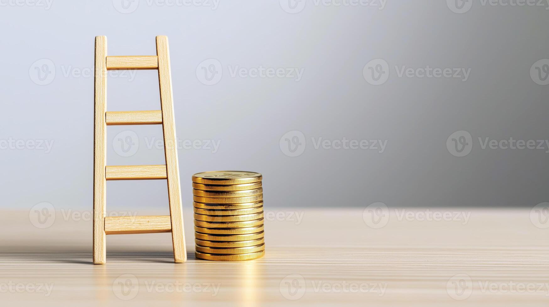 Wooden Ladder and Stacked Gold Coins Depicting Wealth Progression and Investment Growth photo