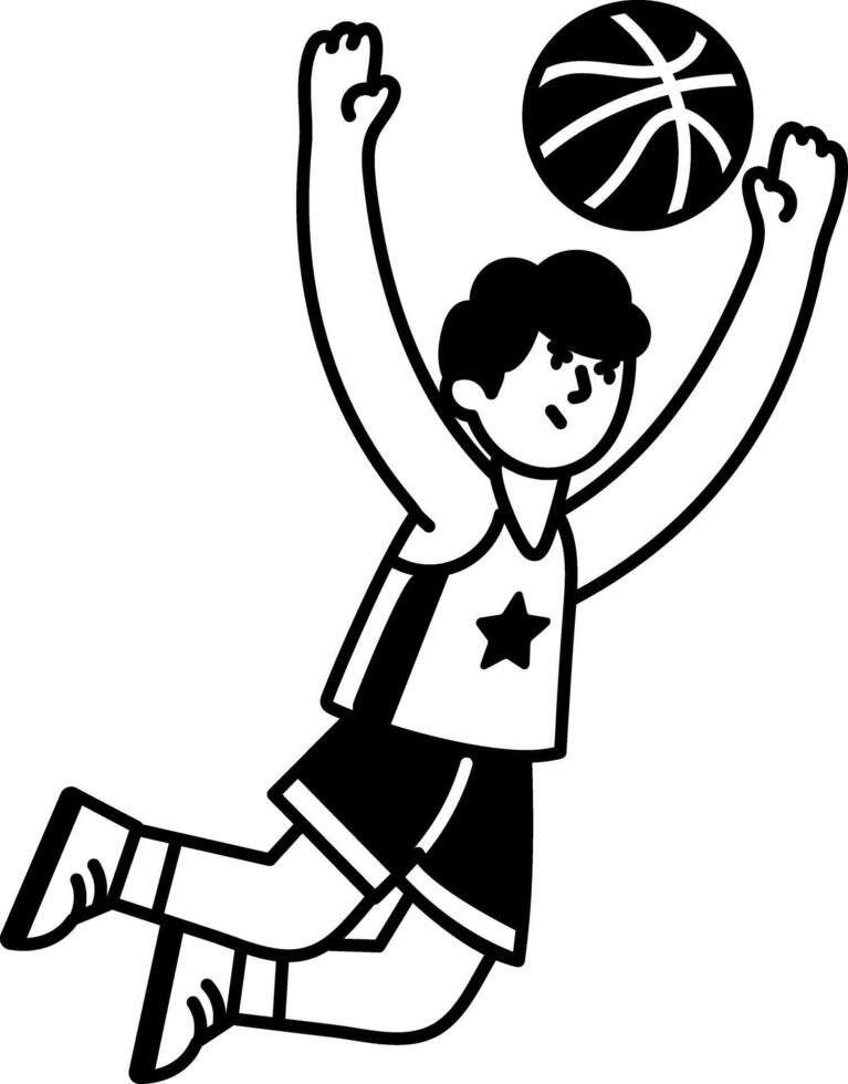 Player jump to catch basketball, doodle character illustration vector