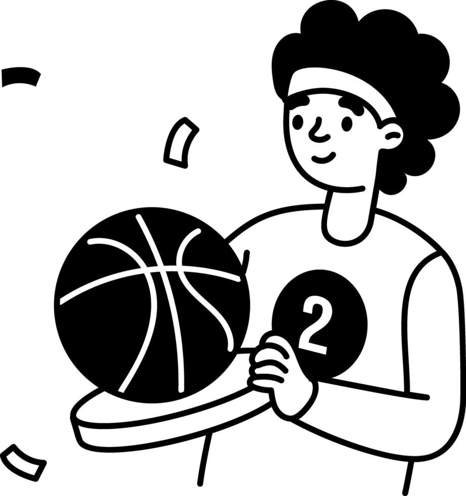 Doodle illustration of a basketball player holding trophy vector