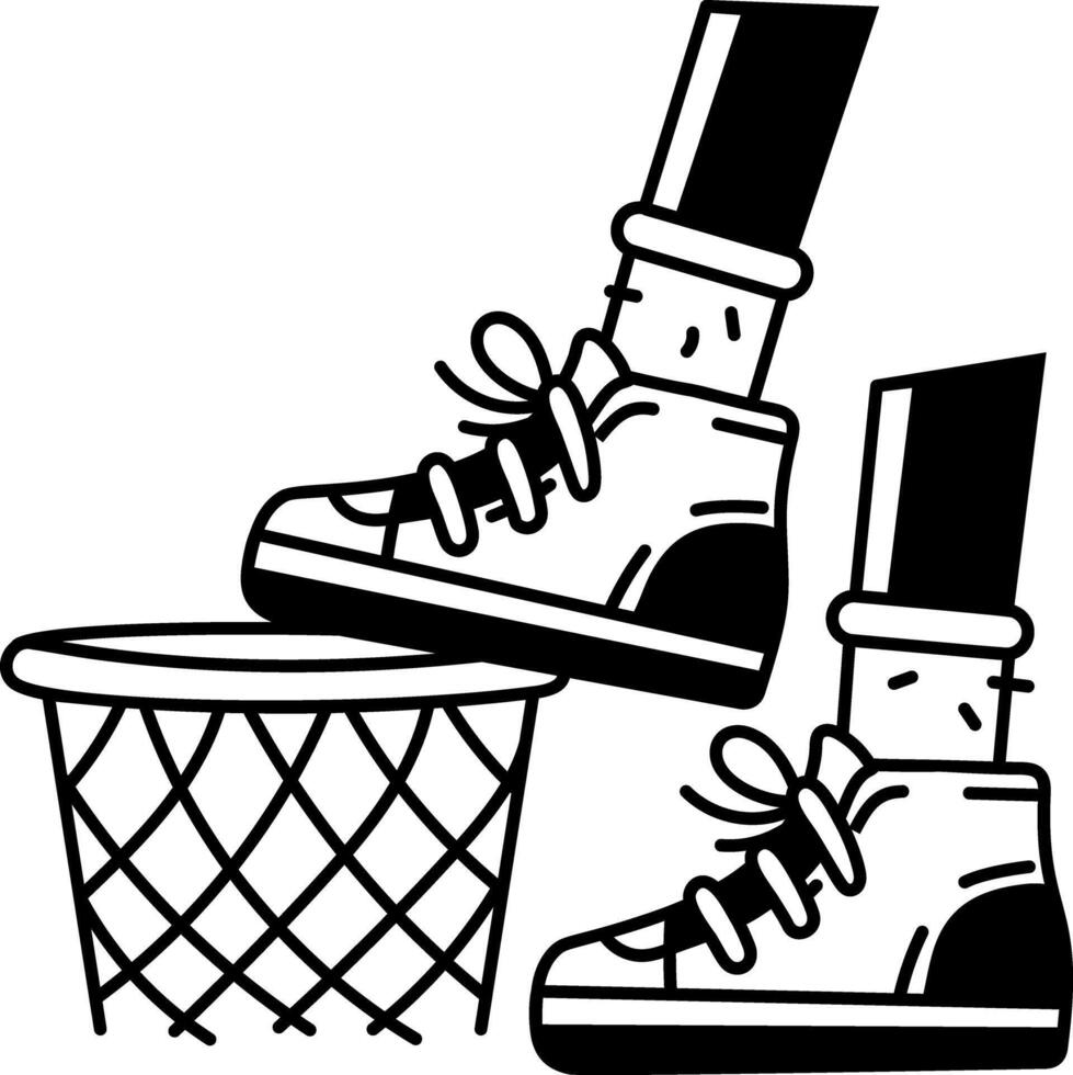 Standing feet on a basketball net, doodle style illustration vector