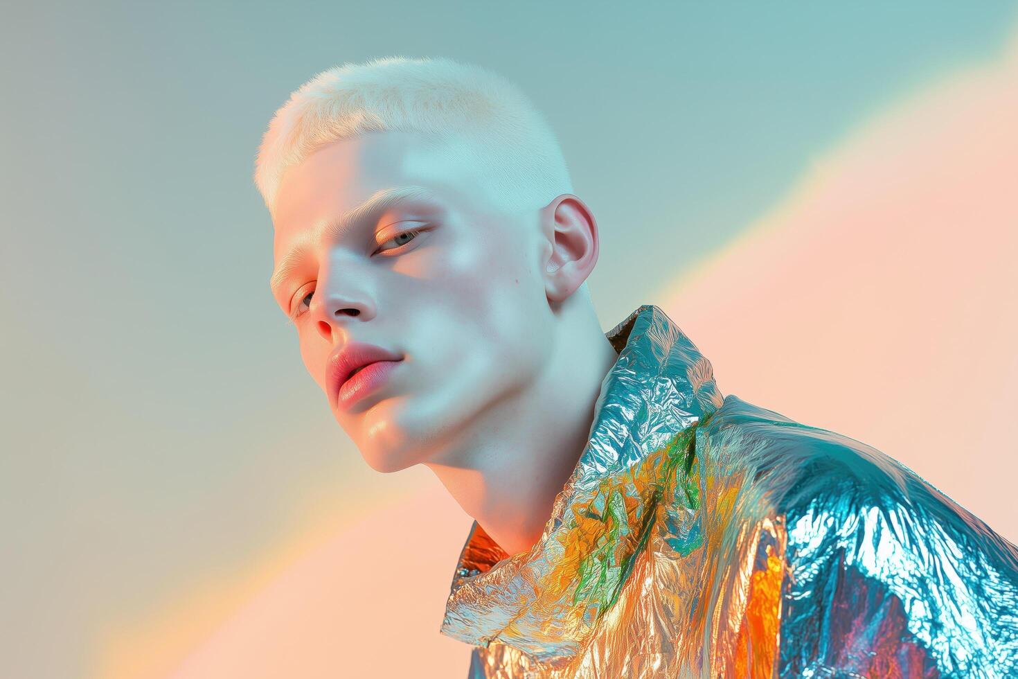 A man with white hair and a metallic jacket photo