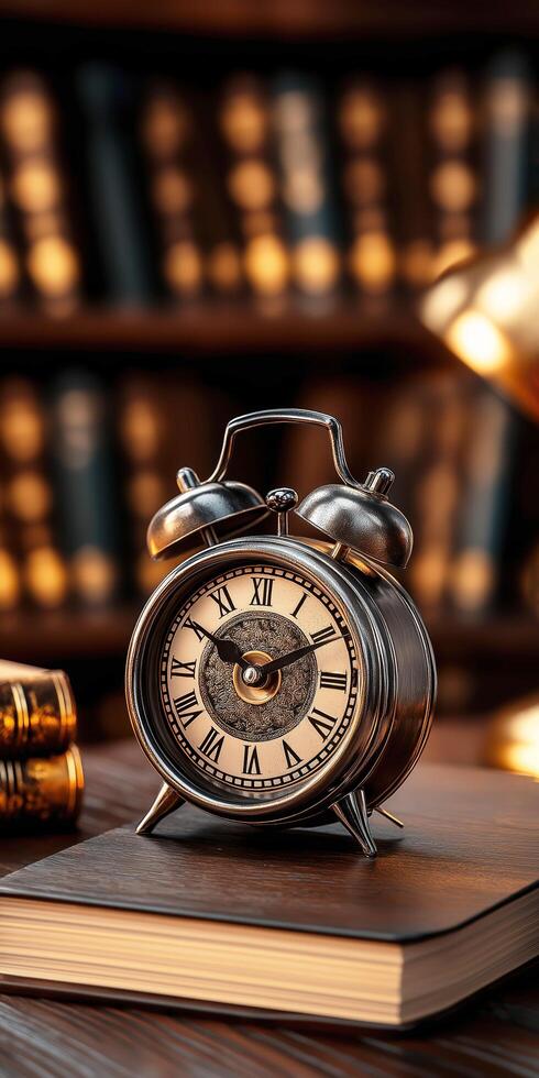 Elegant Vintage Clock with Intricate Design on Book in Warm Library Ambience photo