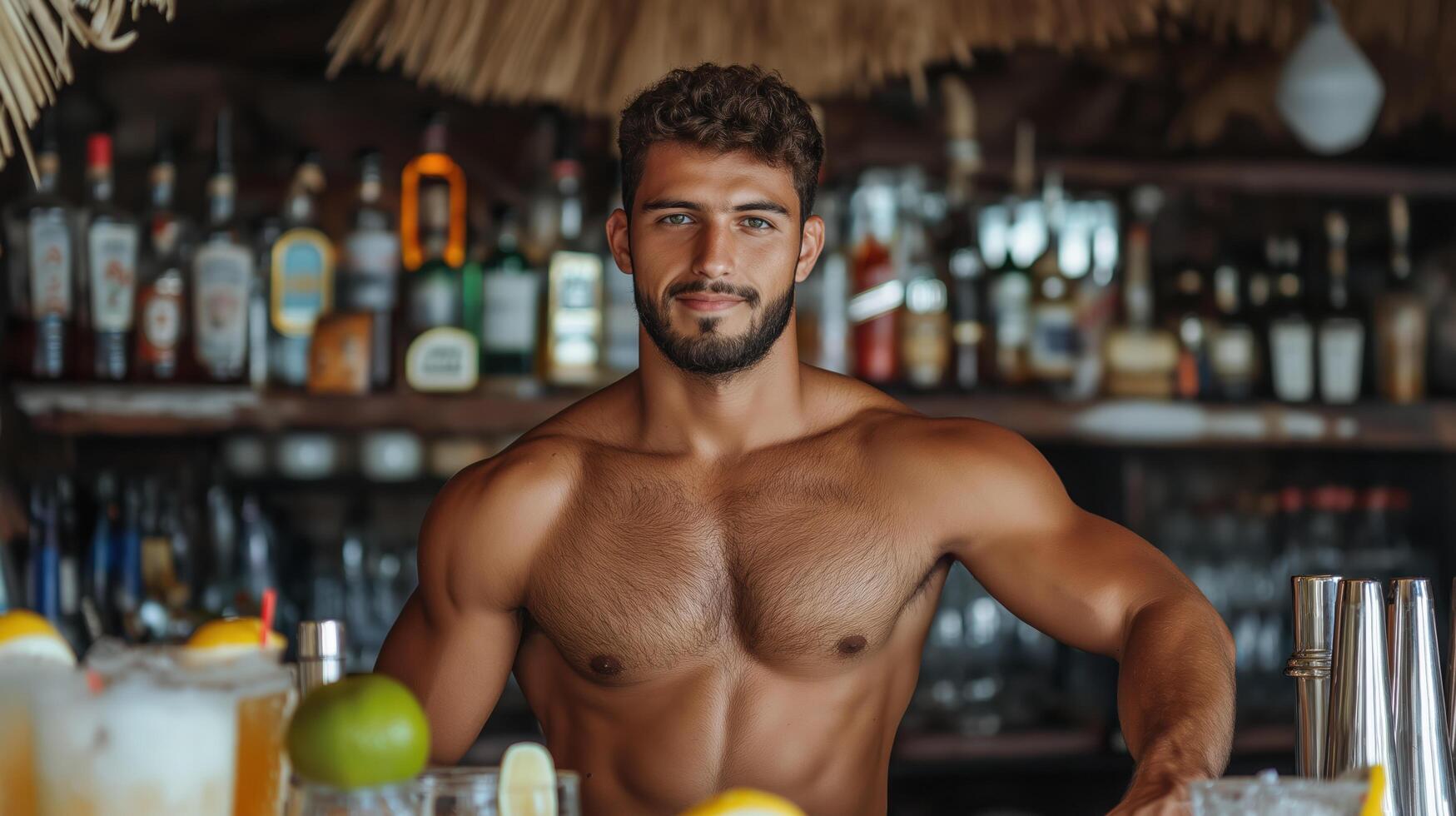 A shirtless man standing behind a bar with a drink photo
