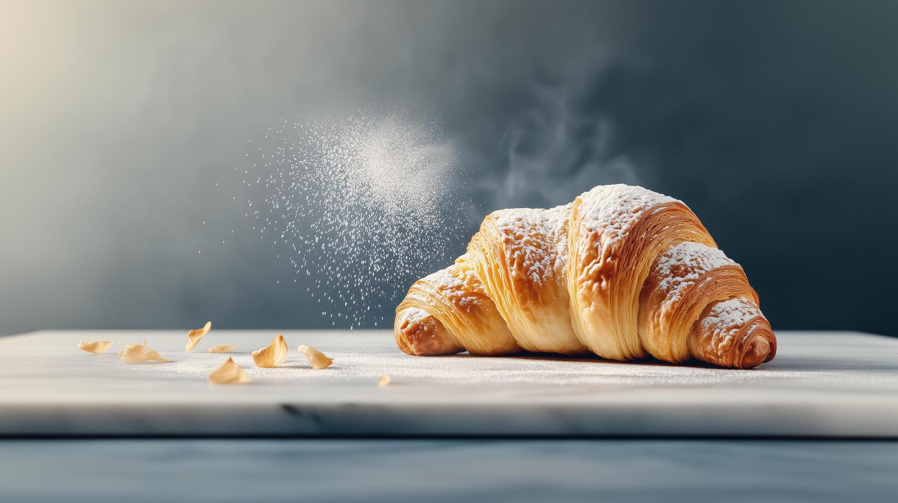 A croissant is sitting on a table with some powder photo