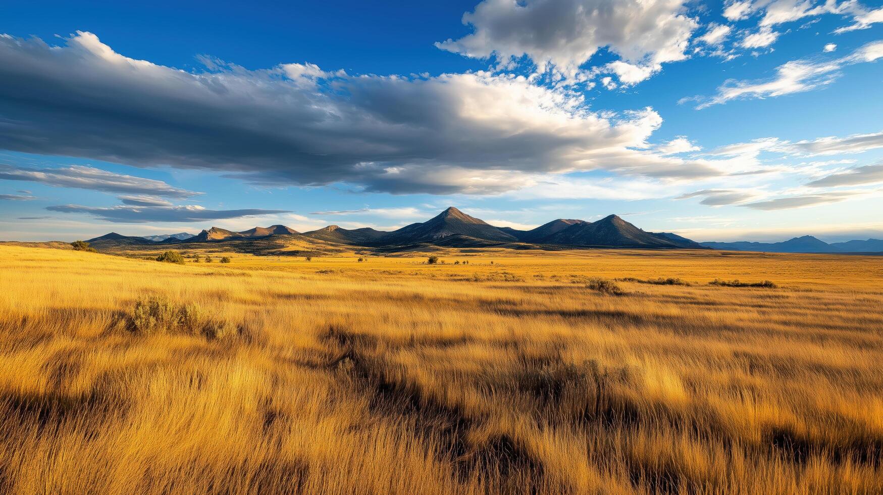 Scenic golden meadow with mountains and dramatic sky photo