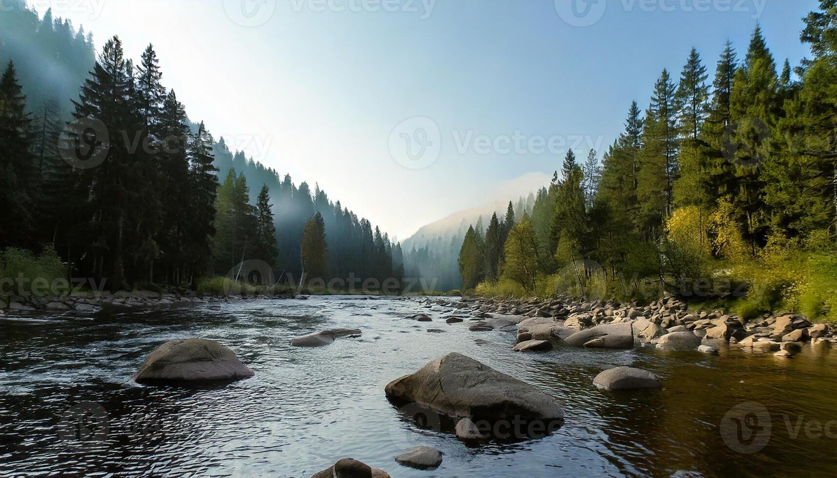 A river in the forest with rocks and trees photo