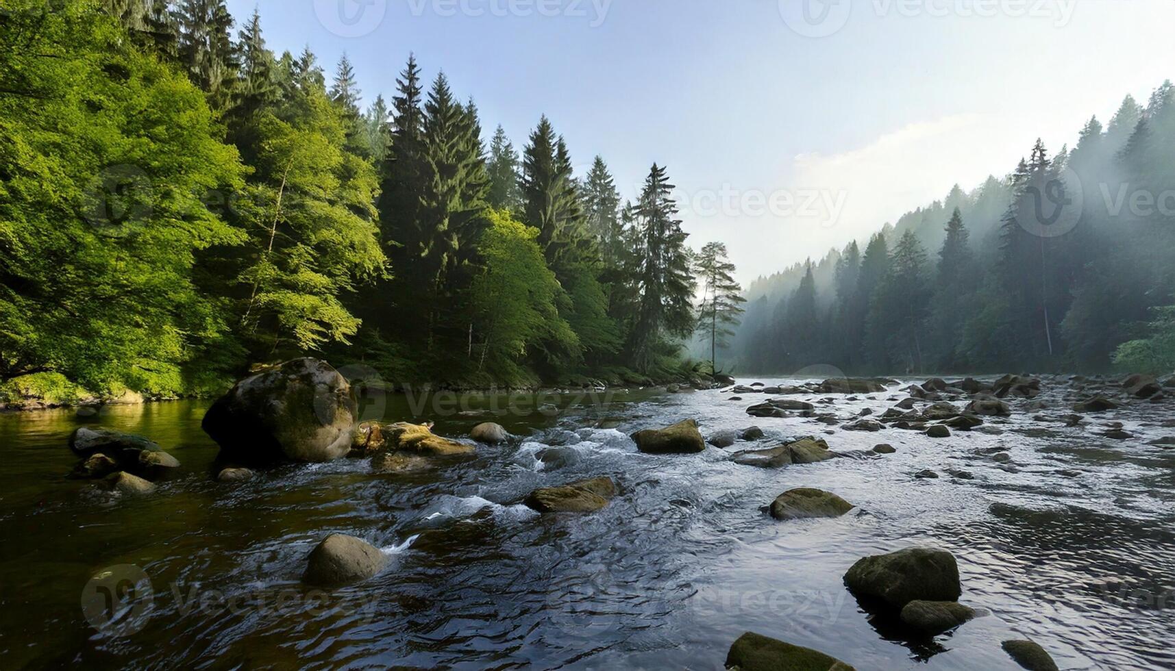 A river in the forest with rocks and trees photo