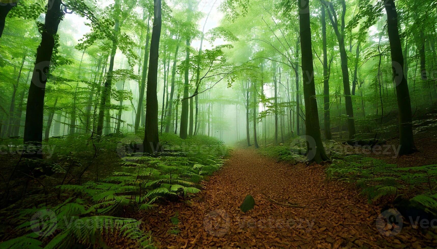 A path through a green forest with ferns and trees photo
