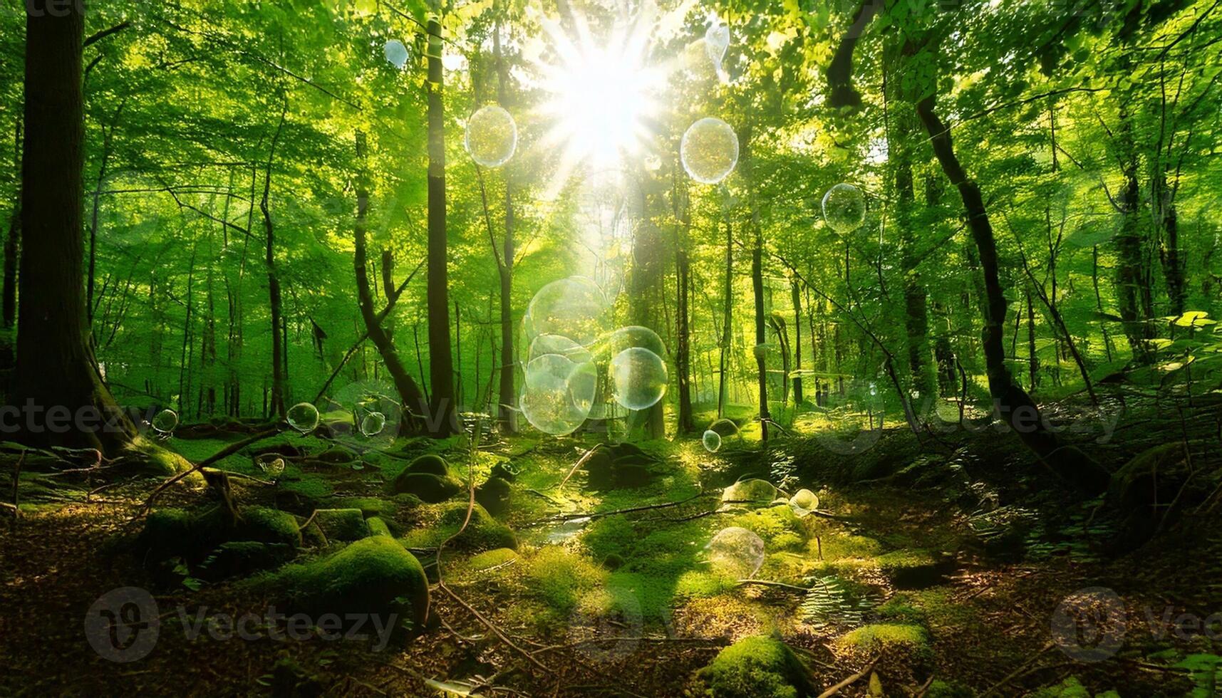 The sun shines through the trees in a green forest photo