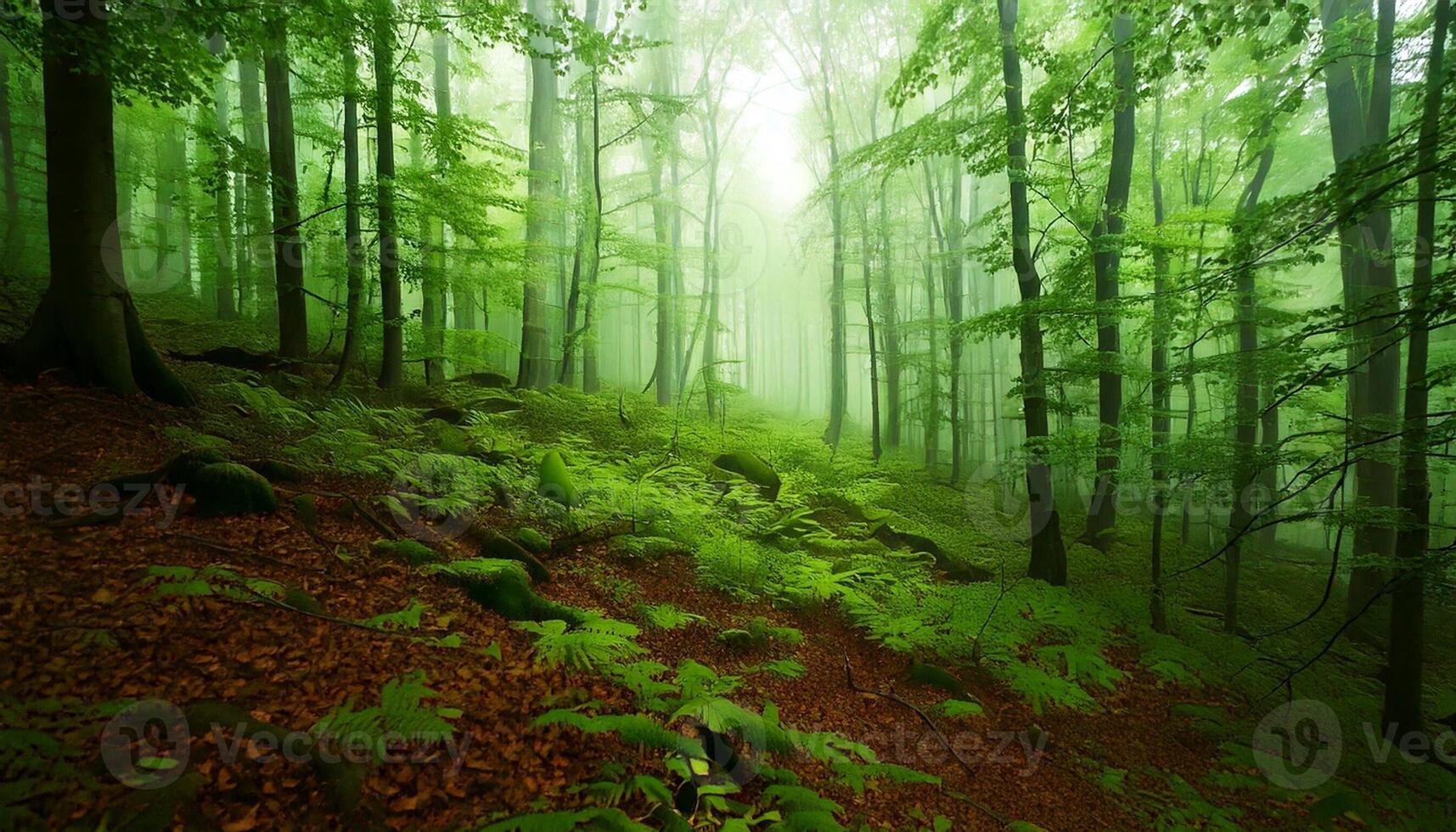 A green forest with trees and ferns photo