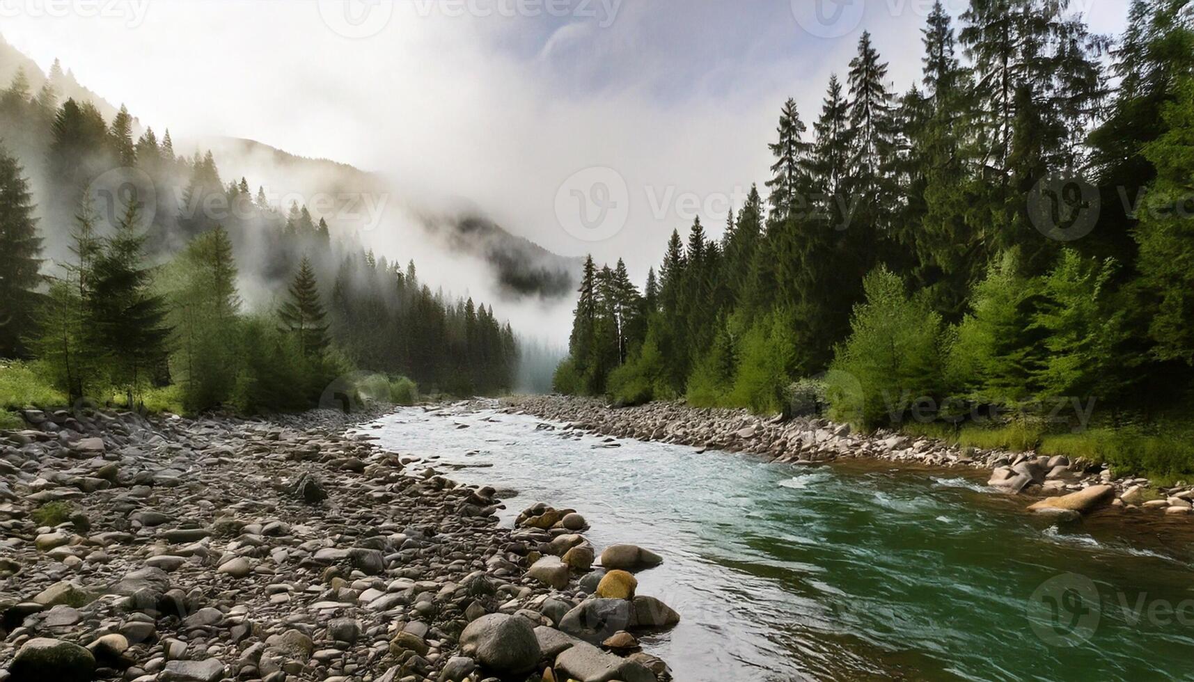 A river runs through a forest with rocks and trees photo