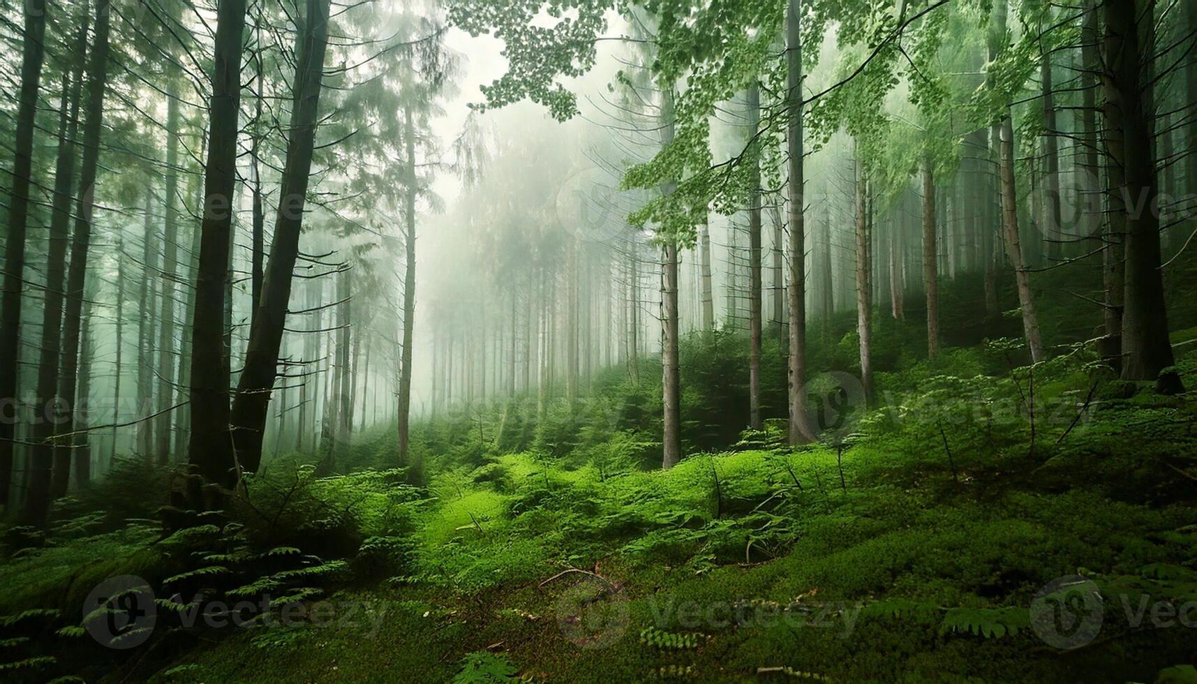 A forest with trees and green grass photo