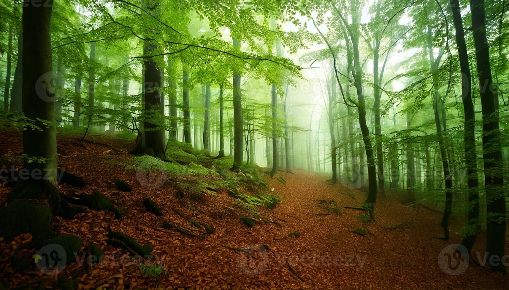 A forest with trees and green leaves photo