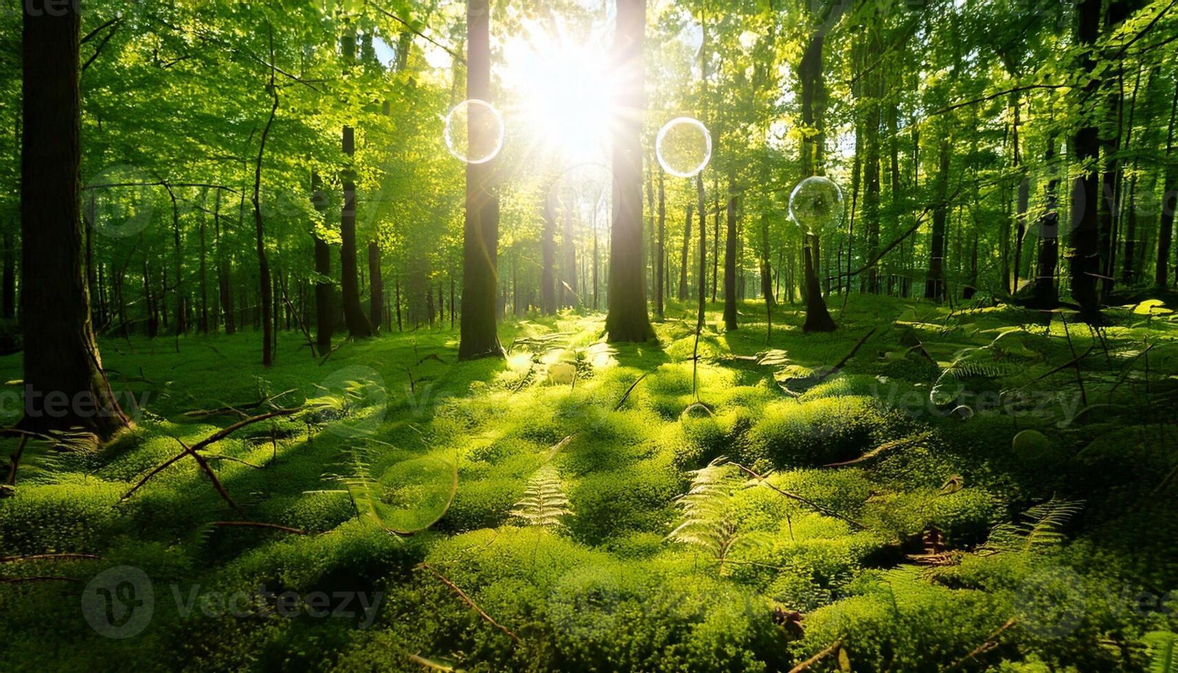 The sun shines through the trees in a green forest photo