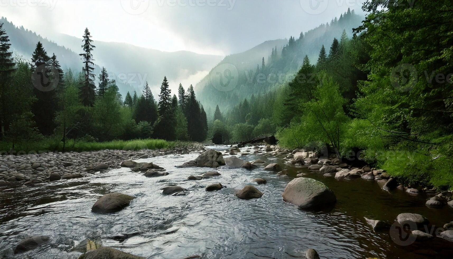 A river runs through a forest with rocks and trees photo