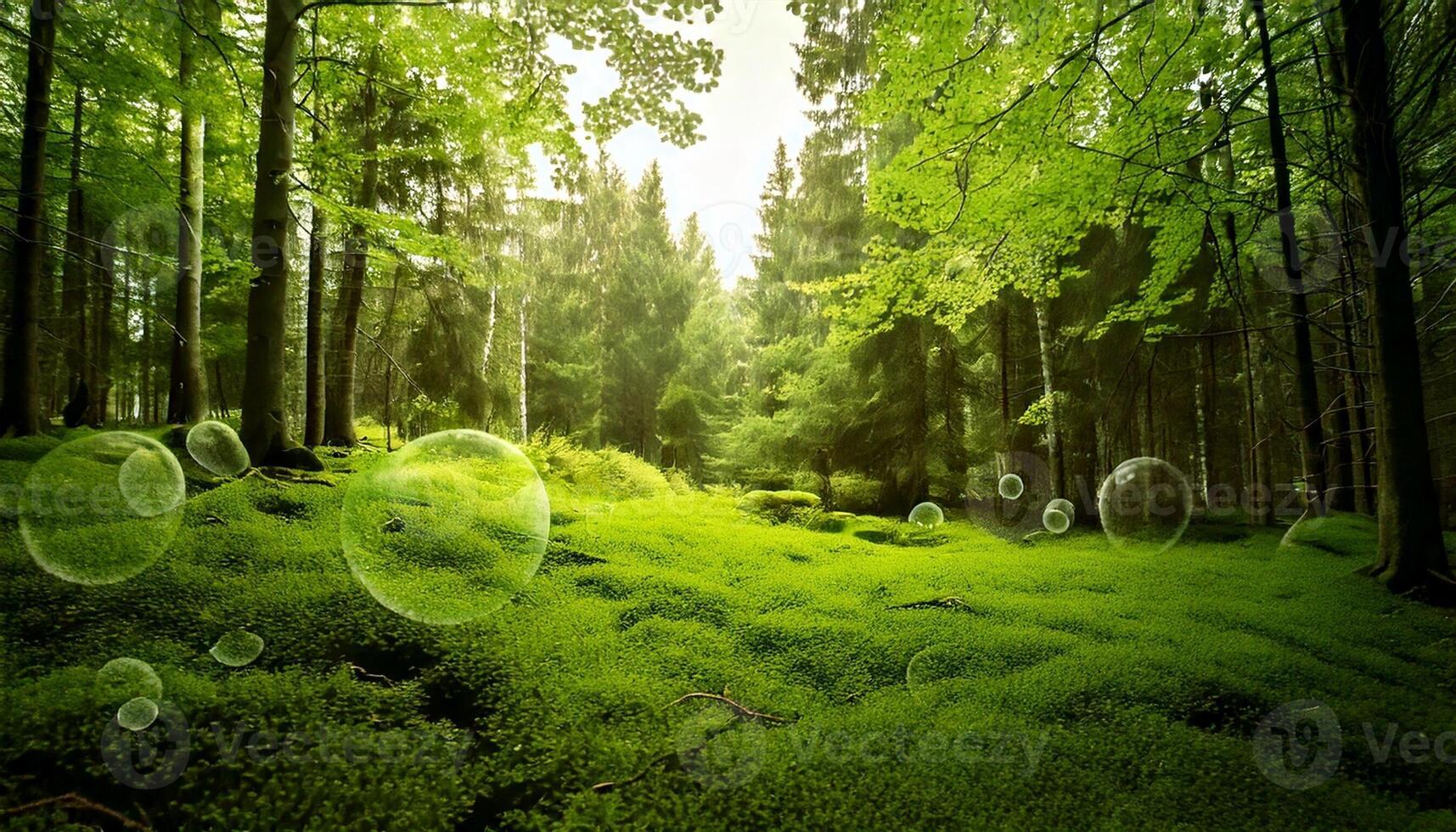 Green forest with bubbles floating in the air photo