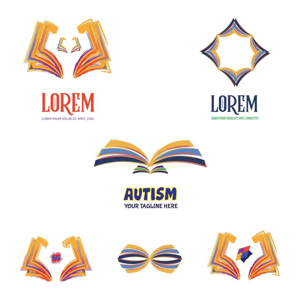 Colorful Abstract Book-Inspired Logo Set with Open Books, Pages, and Unique Typography for Education, Learning, Knowledge, and Literacy-Based Branding vector