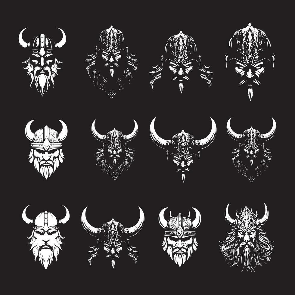 Set of Viking Warrior Illustrations Featuring Horned Helmets, Bearded Faces, and Norse Mythology-Inspired Designs in Black and White vector