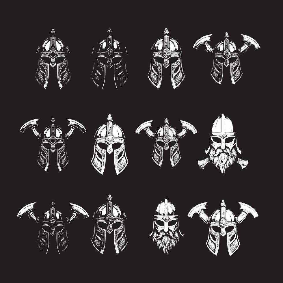 Viking Warrior Helmet Logo Set, Medieval Nordic Battle Helmets with Axes, Bearded Norsemen, Black and White Illustration, Ancient Scandinavian Fighter Symbols vector