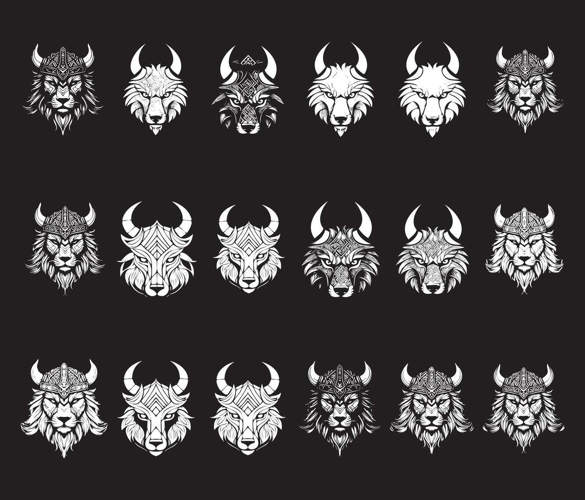 Set of Viking Warrior and Mythical Beast Heads in Black and White, Nordic Tribal Animal Illustrations Featuring Wolves, Bulls, and Lions with Horns and Helmets vector
