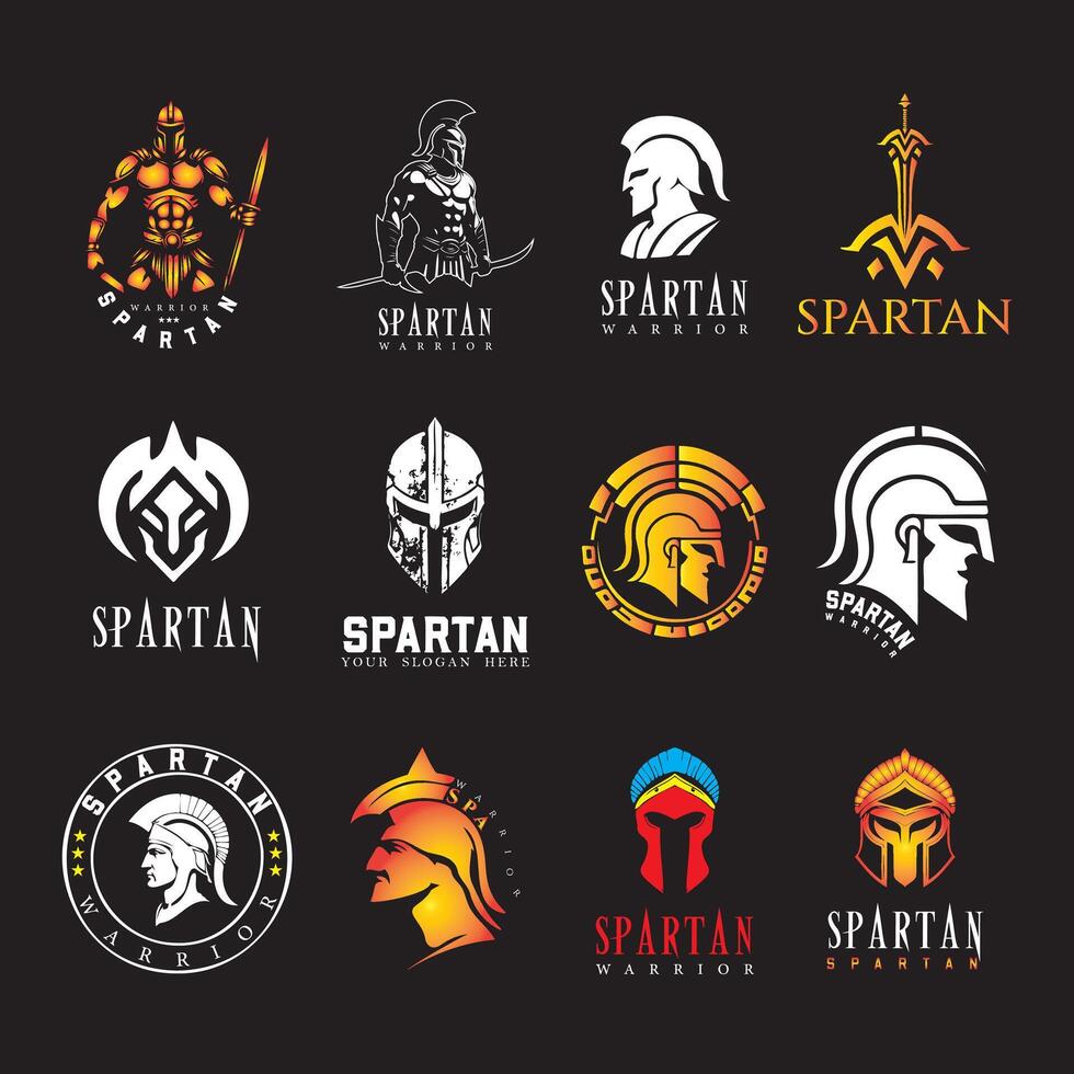 Spartan Warrior Logo Set, Ancient Greek Gladiator Helmet and Shield Emblems, Tactical Military Fighter Symbols, Bold and Modern Design vector