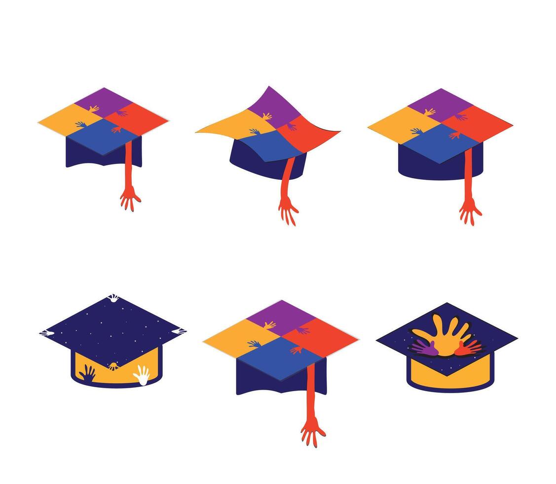 Creative Graduation Cap Logo Set with Helping Hands, Colorful Academic Symbols, and Unique Education-Inspired Designs for Learning, Success, and Achievement vector