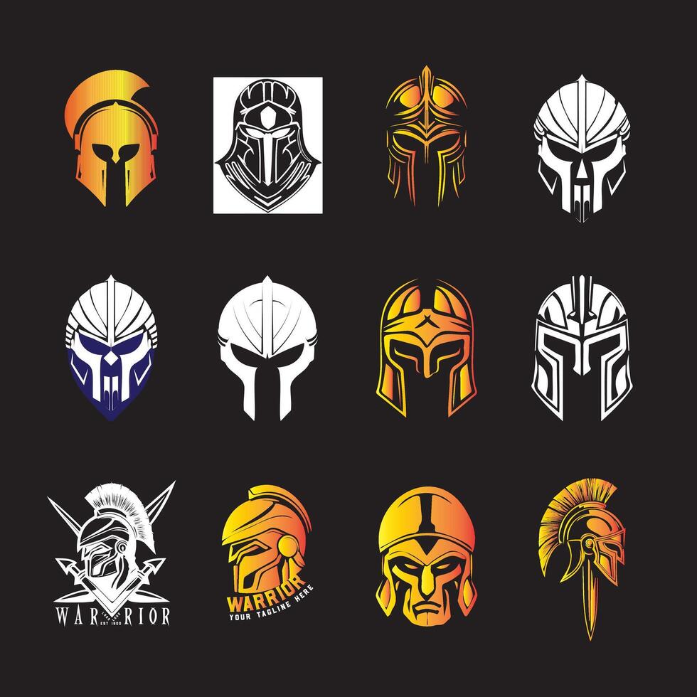 Set of Spartan, Roman, and Medieval Warrior Helmet Logos, Ancient Greek Gladiator and Knight Head Designs, Tactical Military Armor Icons in Gold, White, and Black vector