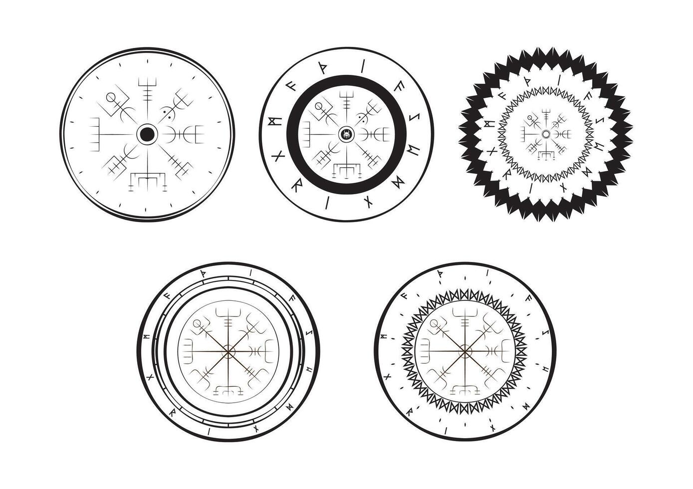 Set of Nordic Vegvisir Compass Symbols with Viking Runes in Black and White, Ancient Norse Mythology Protection Sigils for Navigation and Guidance vector