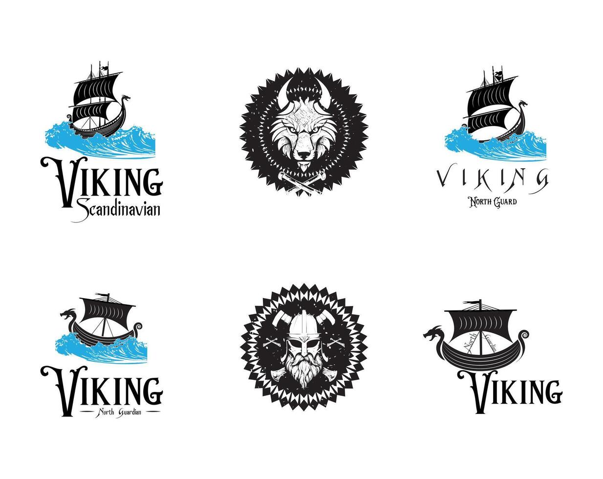 Viking Logo Set with Norse Ships, Warrior Helmets, Wolf and Nordic Symbols for Scandinavian History, Mythology, and Branding Design vector