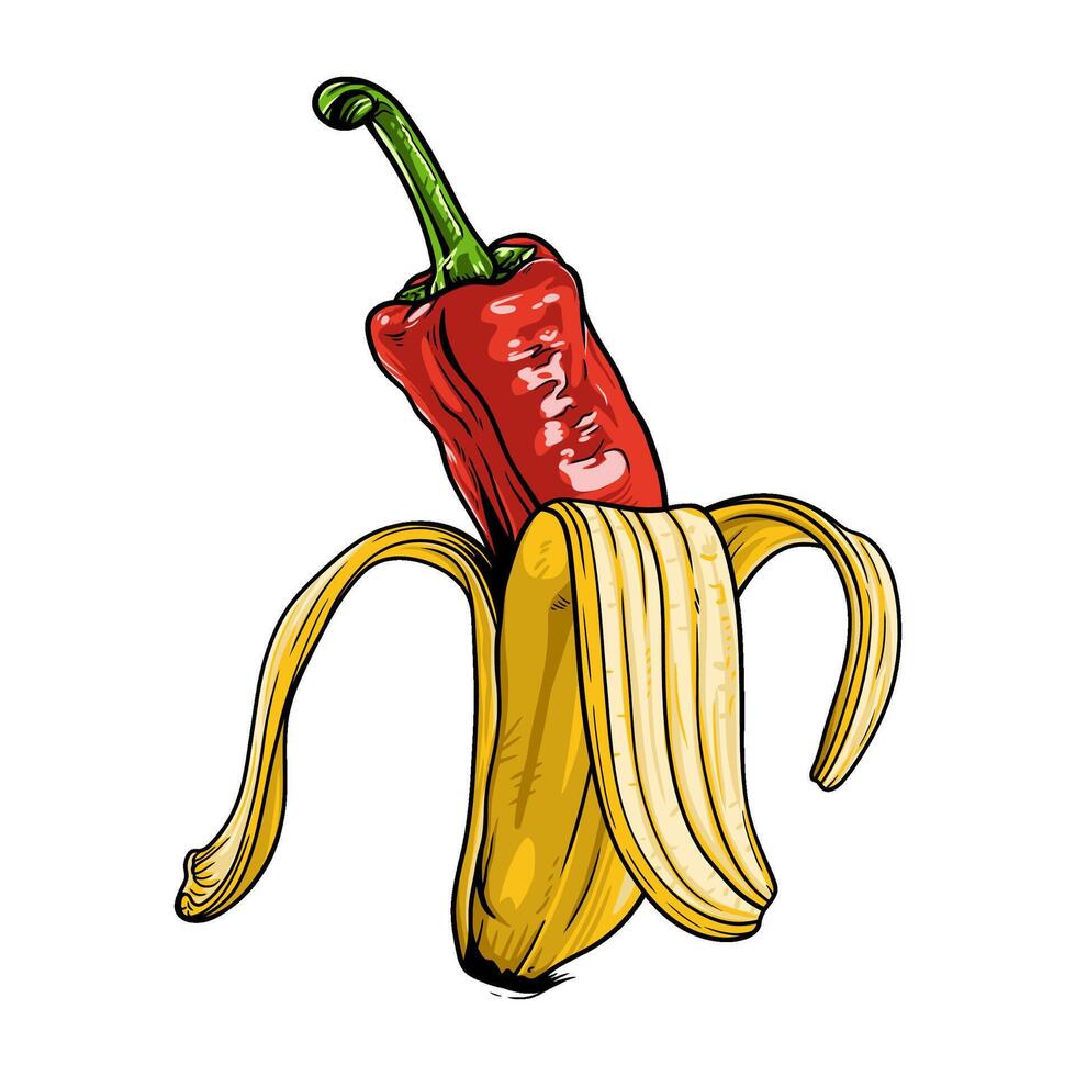 Peeled banana with a red pepper emerging from its center vector